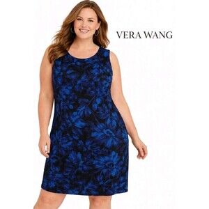 NWT SIMPLY VERA WANG Womens 16 Floral Empire Waist Sleeveless Dress Blue Black